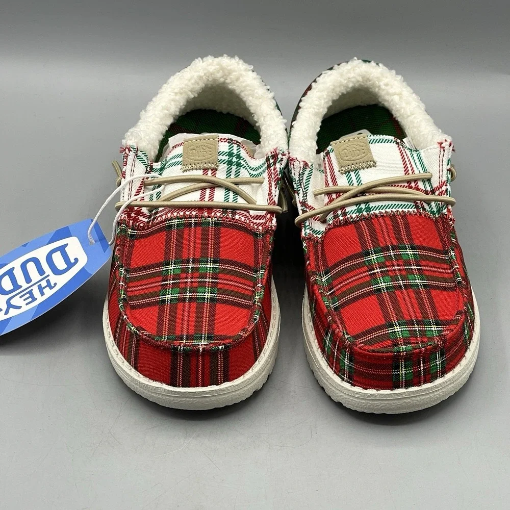 Hey Dude Wally Youth Shoes US J1 Plaid Tartan Red White Green Slip-On Festive